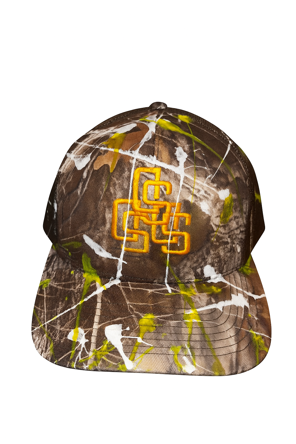 Paint splattered upside down Padres trucker hat
