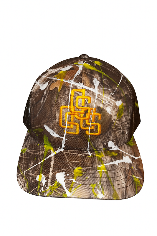 Paint splattered upside down Padres trucker hat